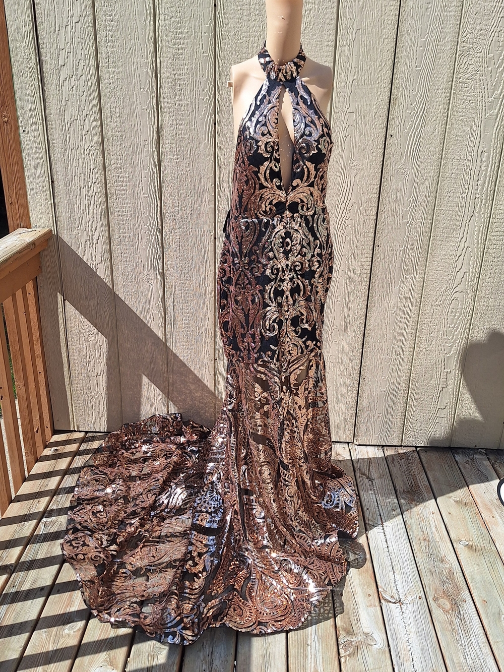 Sequin Halter Evening Gown in Rose Gold and Black